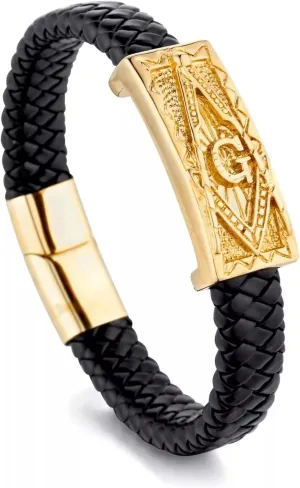 Gold Plated Stainless Steel Freemason Symbol Masonic Leather Braided Bracelets for Men s Vintage Cuff Bangle Bracelets Wrist Leather Band With Study Clasp, Size 21-23cm