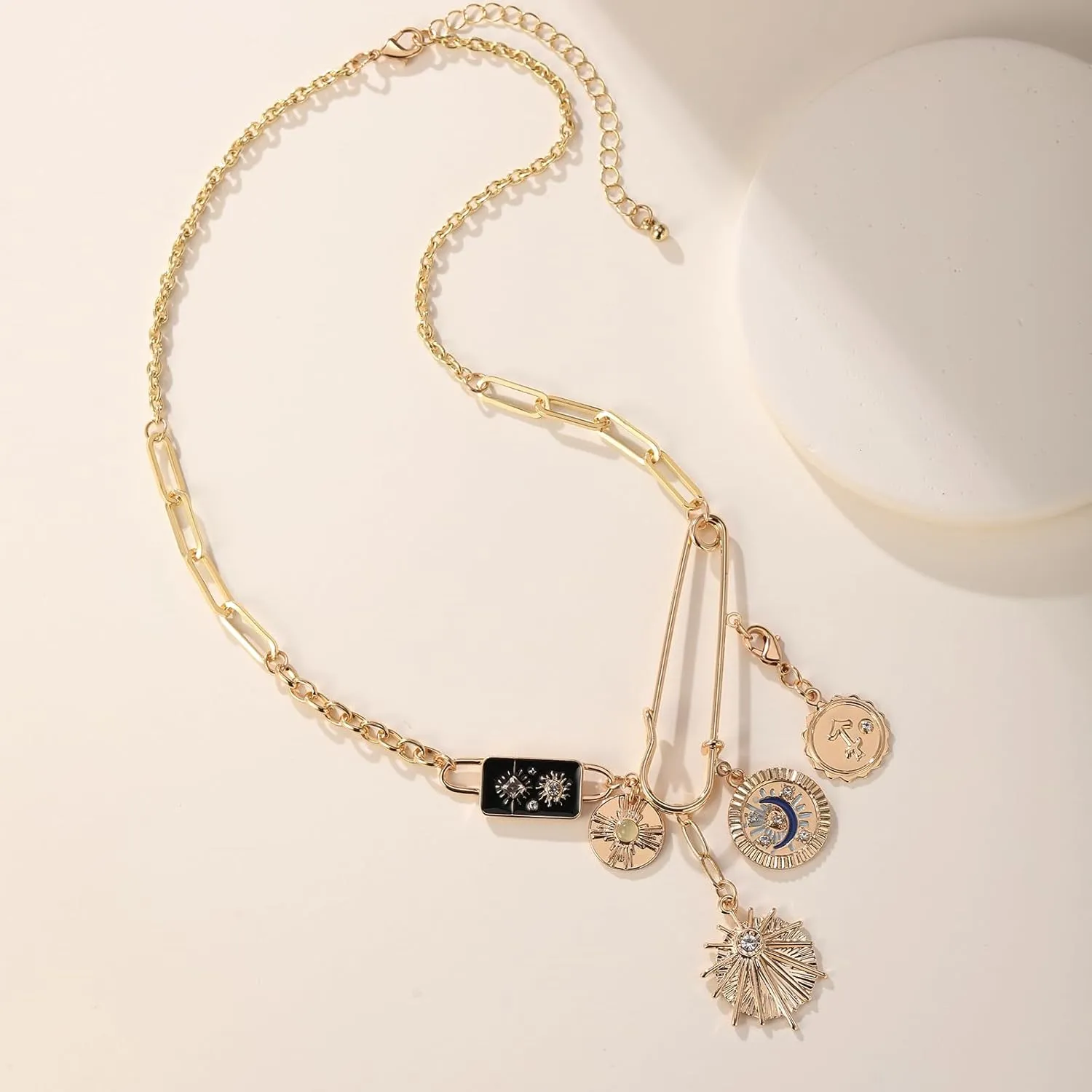 Gold Protection Necklace with Multi-Charm Luck Pendent and Third Eye Charm
