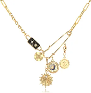 Gold Protection Necklace with Multi-Charm Luck Pendent and Third Eye Charm