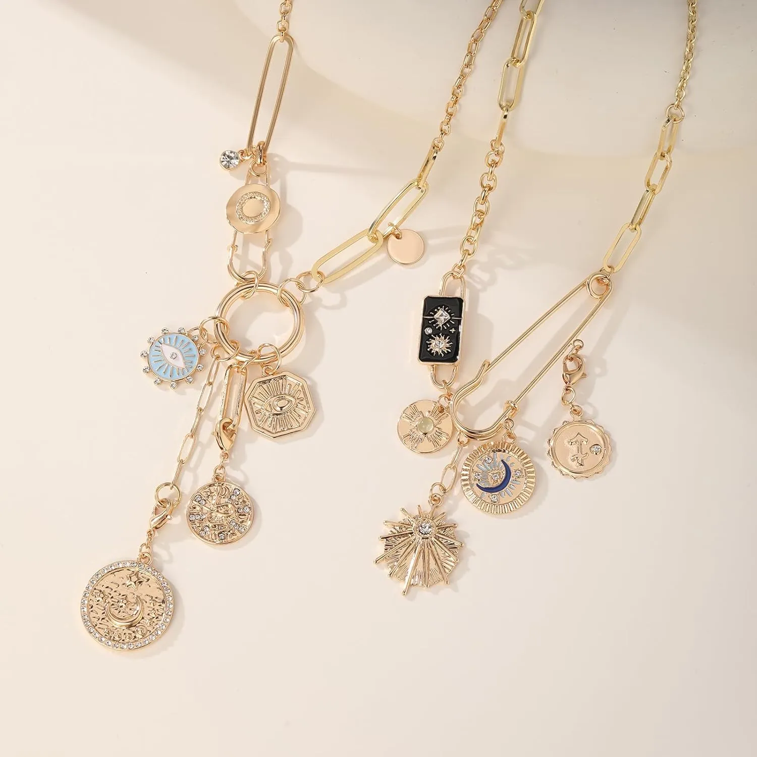 Gold Protection Necklace with Multi-Charm Luck Pendent and Third Eye Charm