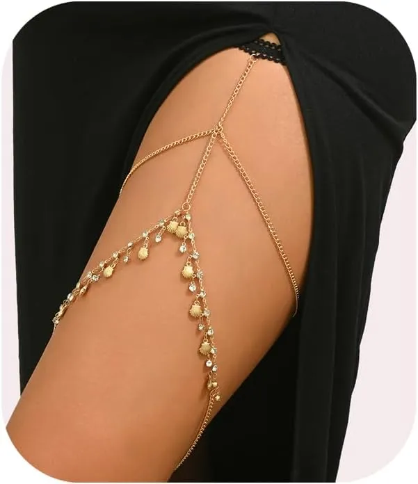 Gold Sexy Rhinestone Leg Body Chain,Bikini Crystal Shell Pendant Leg Thigh Chain Summer Beach Thigh Chain Accessory Jewelry for Women