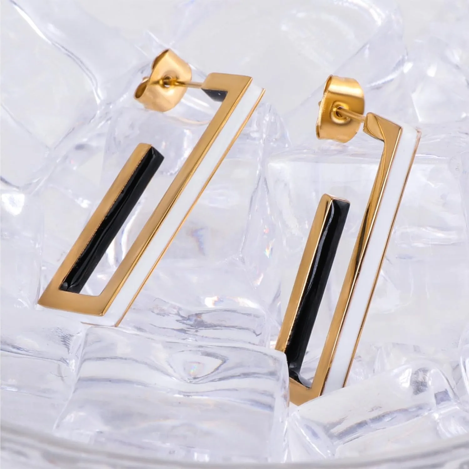 Gold Square Hoop Earrings for Women Trendy C Shaped Round Hoop Earrings 18K Gold Plated Stainless Steel Enamel Earrings Jewelry Gift