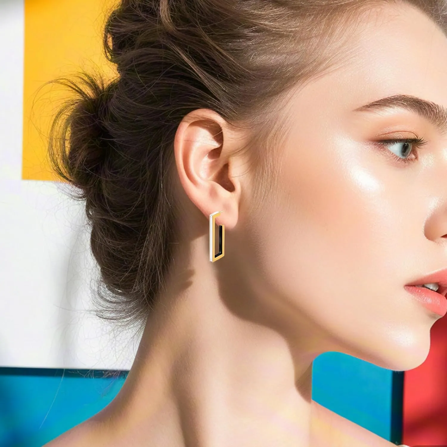Gold Square Hoop Earrings for Women Trendy C Shaped Round Hoop Earrings 18K Gold Plated Stainless Steel Enamel Earrings Jewelry Gift