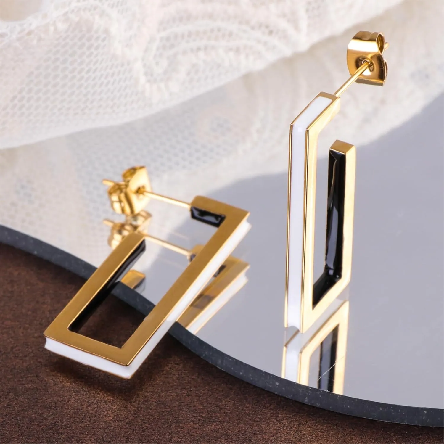 Gold Square Hoop Earrings for Women Trendy C Shaped Round Hoop Earrings 18K Gold Plated Stainless Steel Enamel Earrings Jewelry Gift