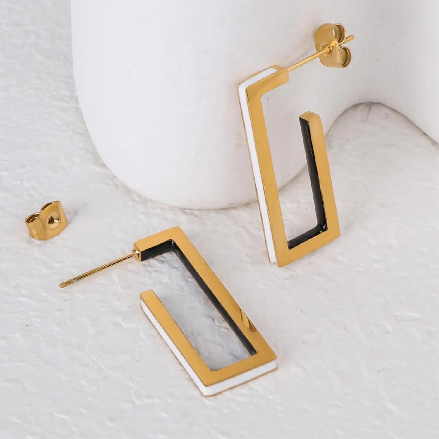 Gold Square Hoop Earrings for Women Trendy C Shaped Round Hoop Earrings 18K Gold Plated Stainless Steel Enamel Earrings Jewelry Gift