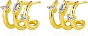 Gold Triple Hoop Illusion Stud Earrings, 14K Chunky Gold Plated Hoop Earrings Cuff Earrings for Women Trendy, Hypoallergenic Earrings Set Jewelry Gift