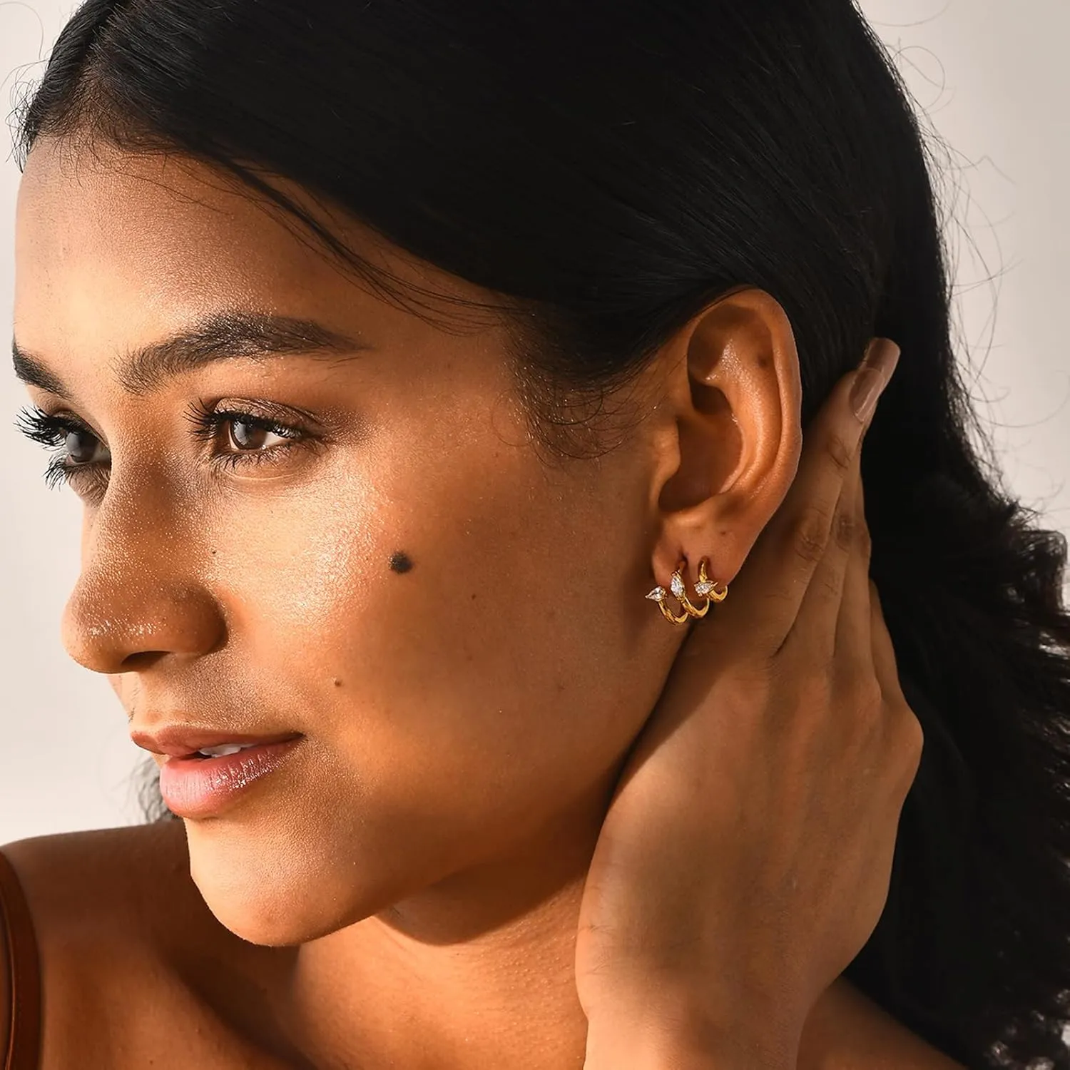 Gold Triple Hoop Illusion Stud Earrings, 14K Chunky Gold Plated Hoop Earrings Cuff Earrings for Women Trendy, Hypoallergenic Earrings Set Jewelry Gift
