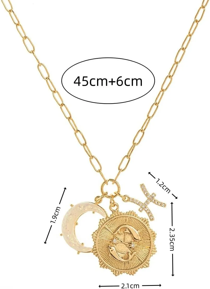 Gold Zodiac Necklaces for Women, Pieces Zodiac Gifts with Opal Crescent Moon and Coin Charm,Astrology Jewelry,Constellation Horoscope Necklace, Trendy Sign Gifts for Birthday,Chrismas