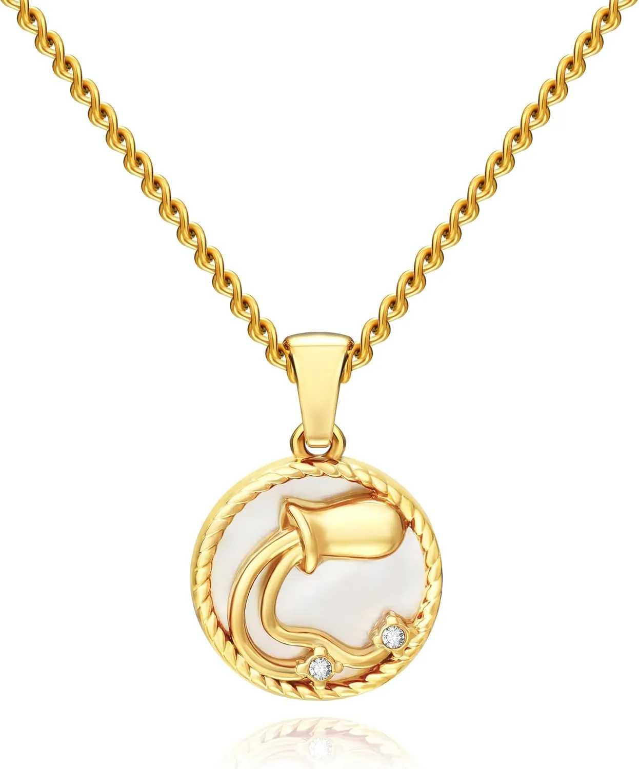 Gold Zodiac Sign Mother of Pearl Shell Coin Charm Necklace for Women Dainty Chain 18K Gold Plated Cute 12 Constellation Pendant Necklaces Trendy Astrology Horoscope Jewelry Birthday Gift