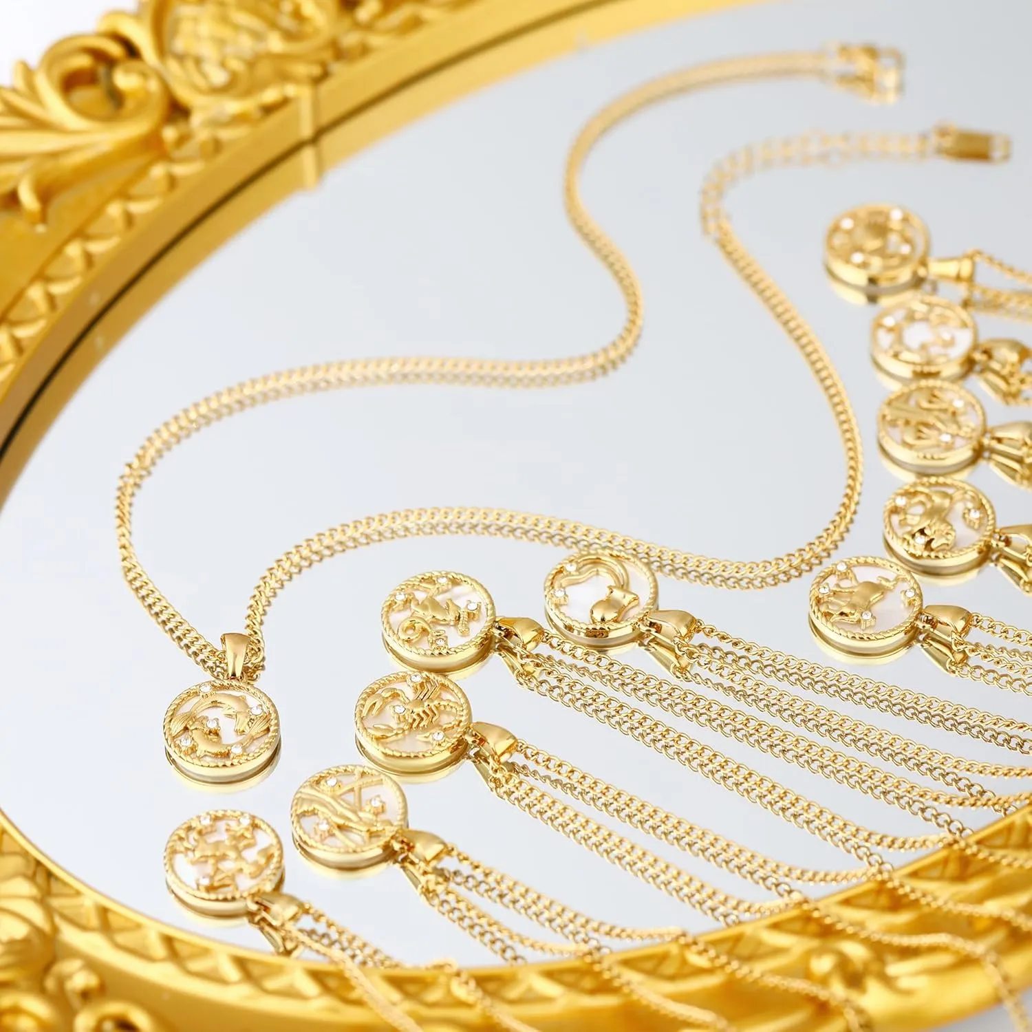 Gold Zodiac Sign Mother of Pearl Shell Coin Charm Necklace for Women Dainty Chain 18K Gold Plated Cute 12 Constellation Pendant Necklaces Trendy Astrology Horoscope Jewelry Birthday Gift