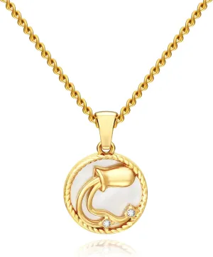 Gold Zodiac Sign Mother of Pearl Shell Coin Charm Necklace for Women Dainty Chain 18K Gold Plated Cute 12 Constellation Pendant Necklaces Trendy Astrology Horoscope Jewelry Birthday Gift