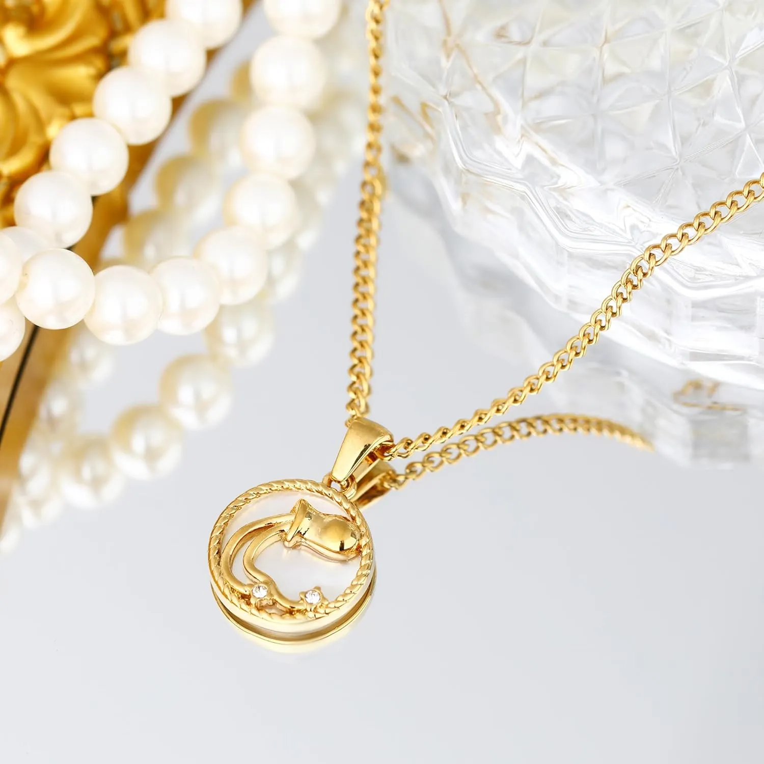 Gold Zodiac Sign Mother of Pearl Shell Coin Charm Necklace for Women Dainty Chain 18K Gold Plated Cute 12 Constellation Pendant Necklaces Trendy Astrology Horoscope Jewelry Birthday Gift