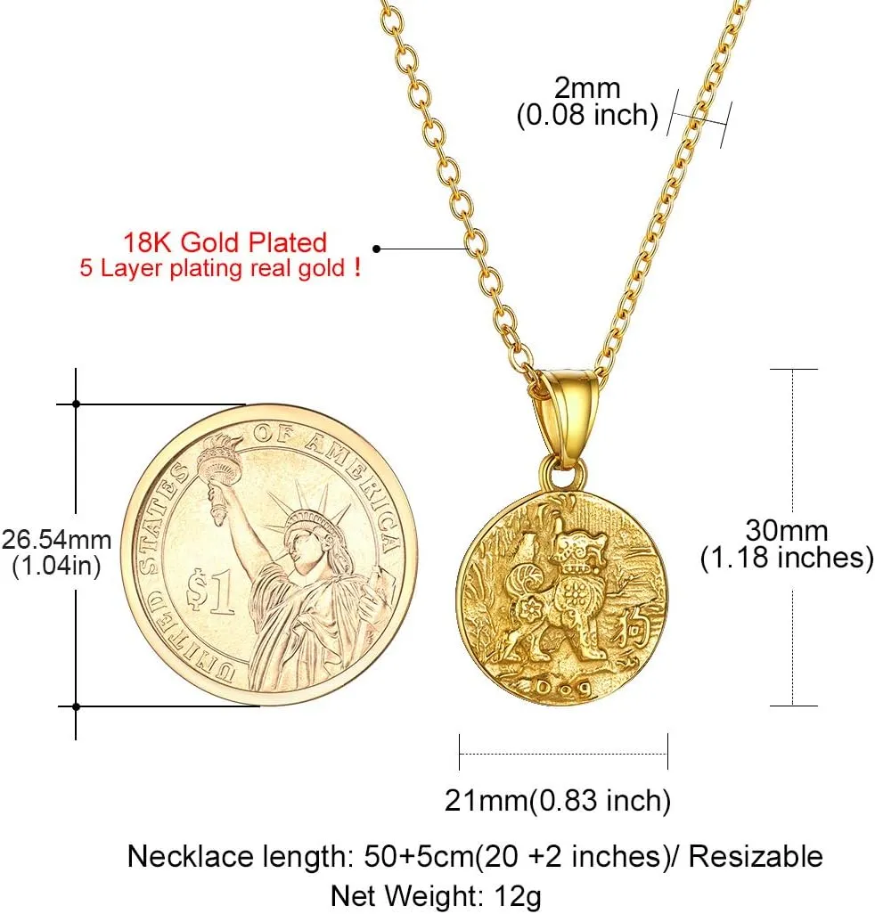 GOLDCHIC JEWELRY Chinese Zodiac Coin Necklace, Gold Round Disc Handmade Animal Pendant Amulet Lucky Charm Necklaces for Women/Girl, Birthday Gift (with Gift Box)