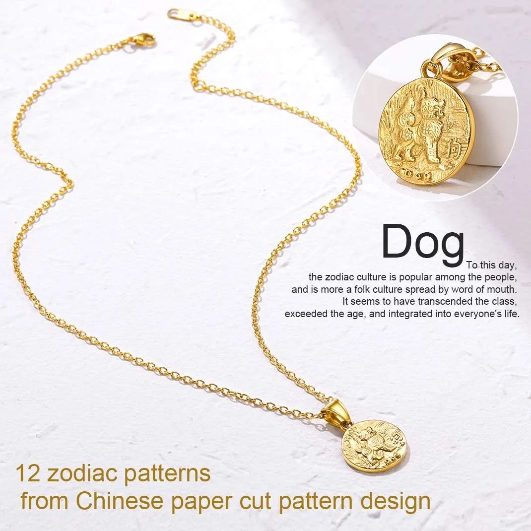 GOLDCHIC JEWELRY Chinese Zodiac Coin Necklace, Gold Round Disc Handmade Animal Pendant Amulet Lucky Charm Necklaces for Women/Girl, Birthday Gift (with Gift Box)