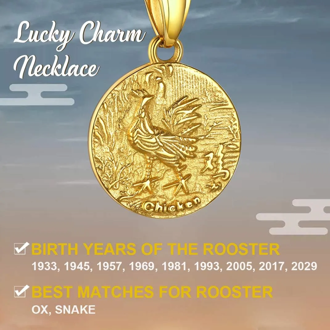 GOLDCHIC JEWELRY Chinese Zodiac Coin Necklace, Gold Round Disc Handmade Animal Pendant Amulet Lucky Charm Necklaces for Women/Girl, Birthday Gift (with Gift Box)