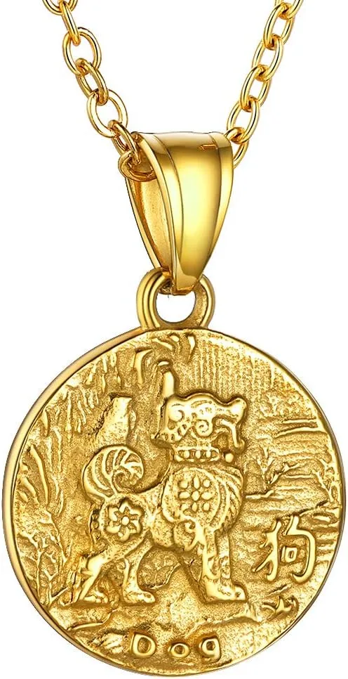 GOLDCHIC JEWELRY Chinese Zodiac Coin Necklace, Gold Round Disc Handmade Animal Pendant Amulet Lucky Charm Necklaces for Women/Girl, Birthday Gift (with Gift Box)