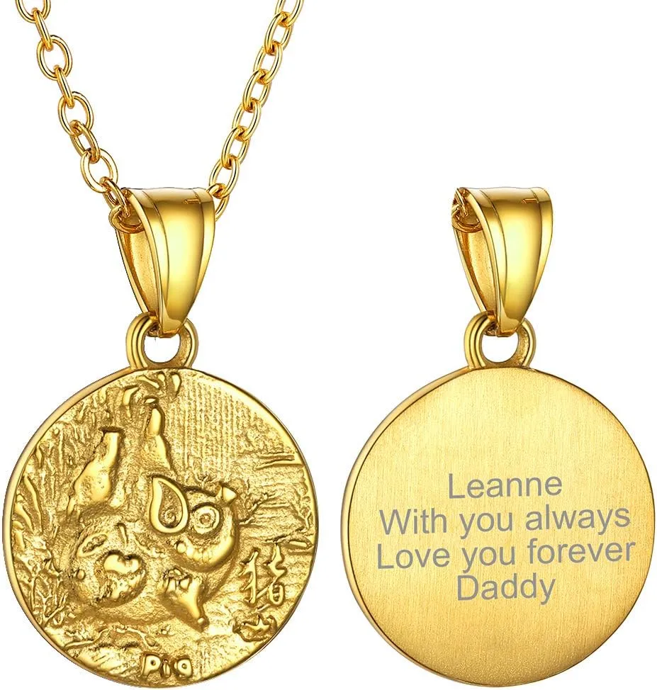 GOLDCHIC JEWELRY Chinese Zodiac Coin Necklace, Gold Round Disc Handmade Animal Pendant Amulet Lucky Charm Necklaces for Women/Girl, Birthday Gift (with Gift Box)