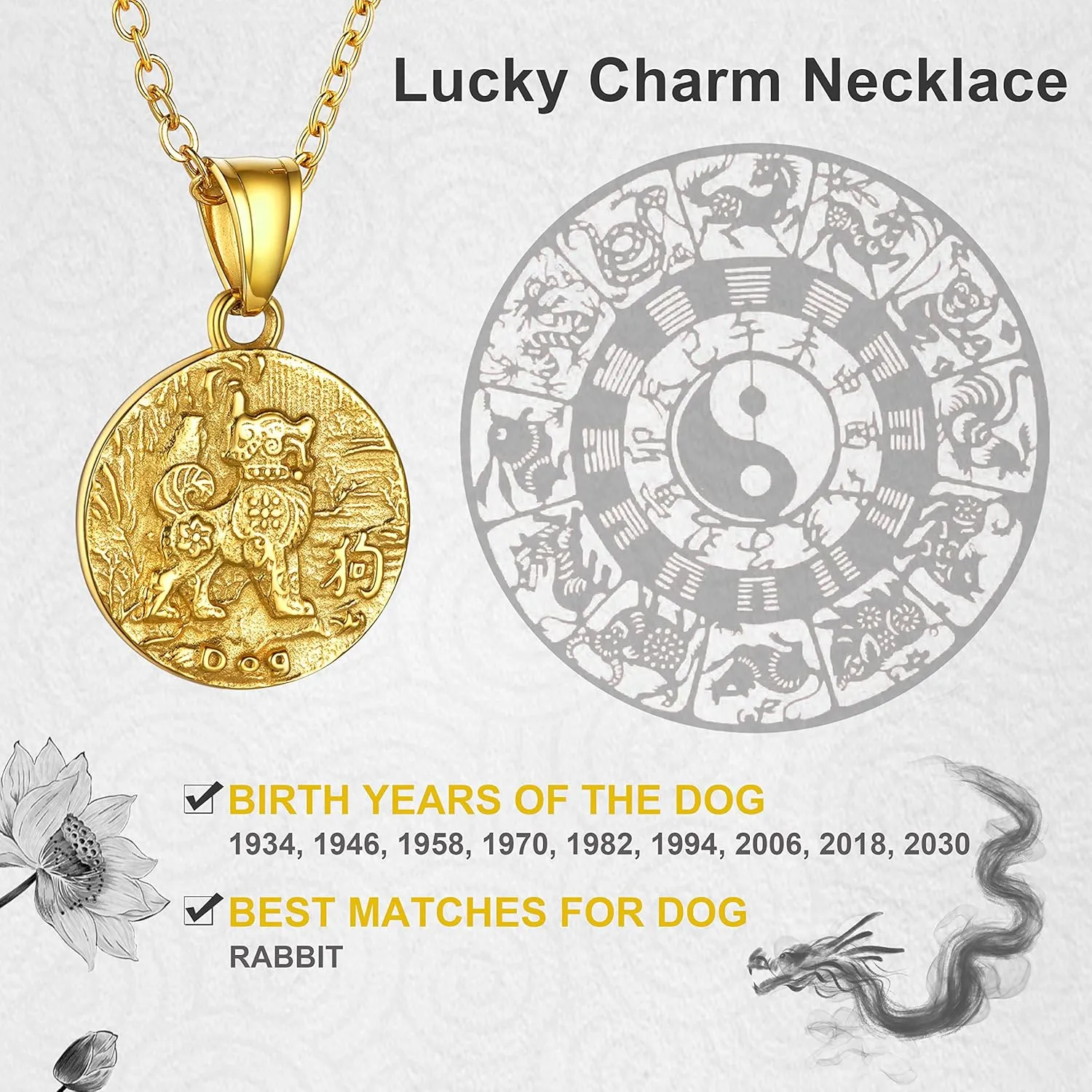 GOLDCHIC JEWELRY Chinese Zodiac Coin Necklace, Gold Round Disc Handmade Animal Pendant Amulet Lucky Charm Necklaces for Women/Girl, Birthday Gift (with Gift Box)
