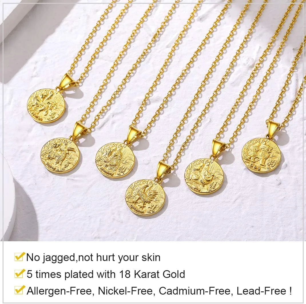 GOLDCHIC JEWELRY Chinese Zodiac Coin Necklace, Gold Round Disc Handmade Animal Pendant Amulet Lucky Charm Necklaces for Women/Girl, Birthday Gift (with Gift Box)