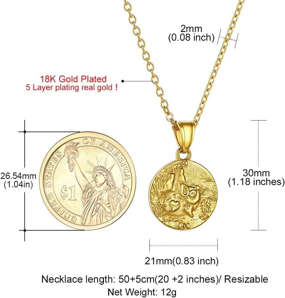 GOLDCHIC JEWELRY Chinese Zodiac Coin Necklace, Gold Round Disc Handmade Animal Pendant Amulet Lucky Charm Necklaces for Women/Girl, Birthday Gift (with Gift Box)