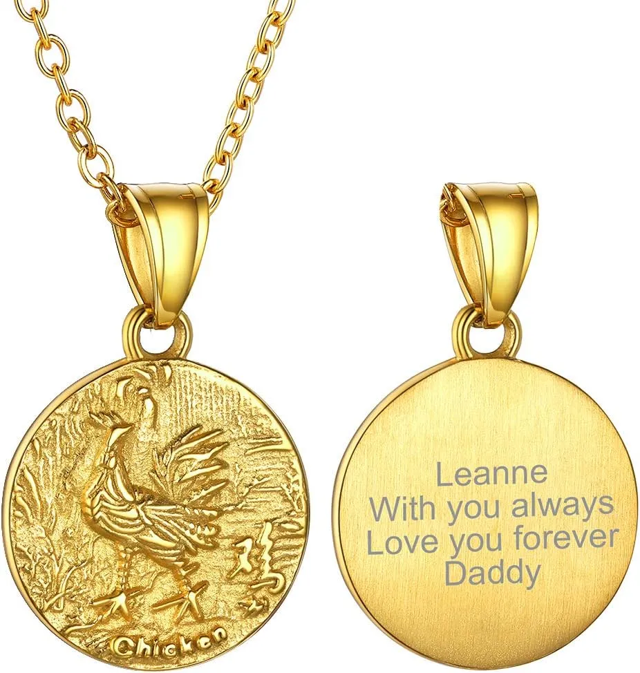 GOLDCHIC JEWELRY Chinese Zodiac Coin Necklace, Gold Round Disc Handmade Animal Pendant Amulet Lucky Charm Necklaces for Women/Girl, Birthday Gift (with Gift Box)