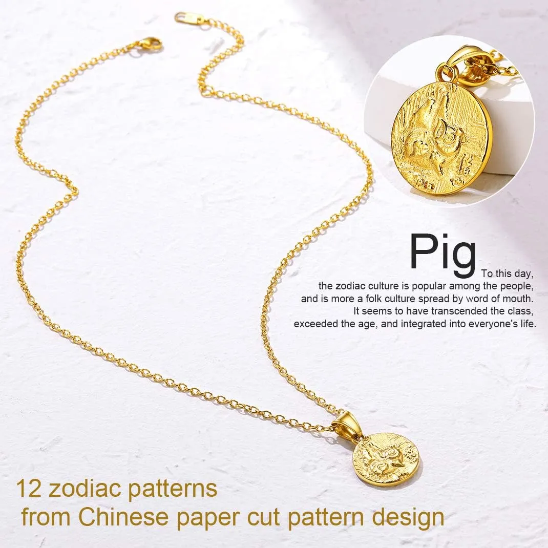 GOLDCHIC JEWELRY Chinese Zodiac Coin Necklace, Gold Round Disc Handmade Animal Pendant Amulet Lucky Charm Necklaces for Women/Girl, Birthday Gift (with Gift Box)