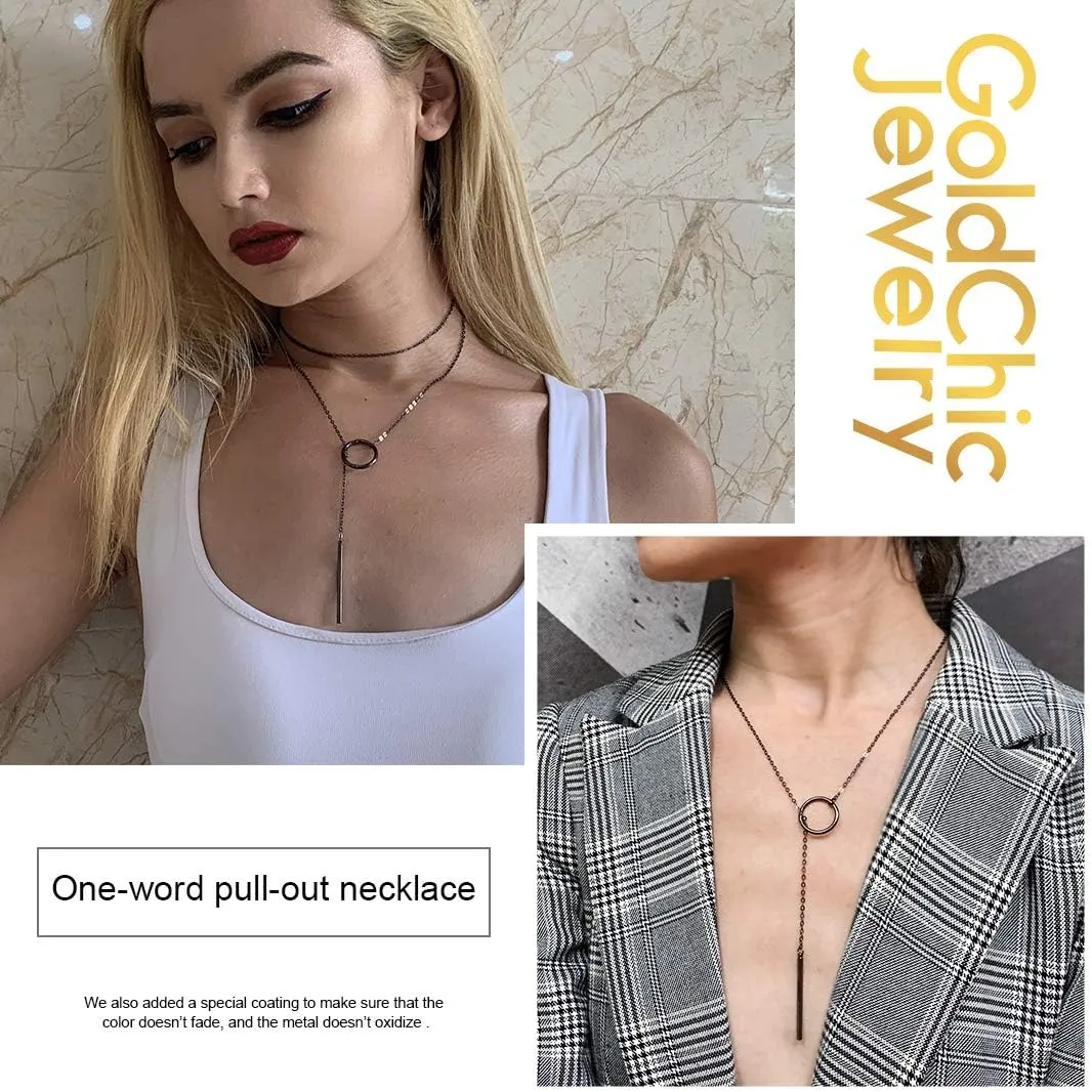 GOLDCHIC JEWELRY Dainty Y Necklace For Women, Gold Layered Choker Lariat Necklaces, Looped Long Lariat Y Bar/Lock/Peal/Star/Rose Chain Personalized Minimalist Gifts for Women