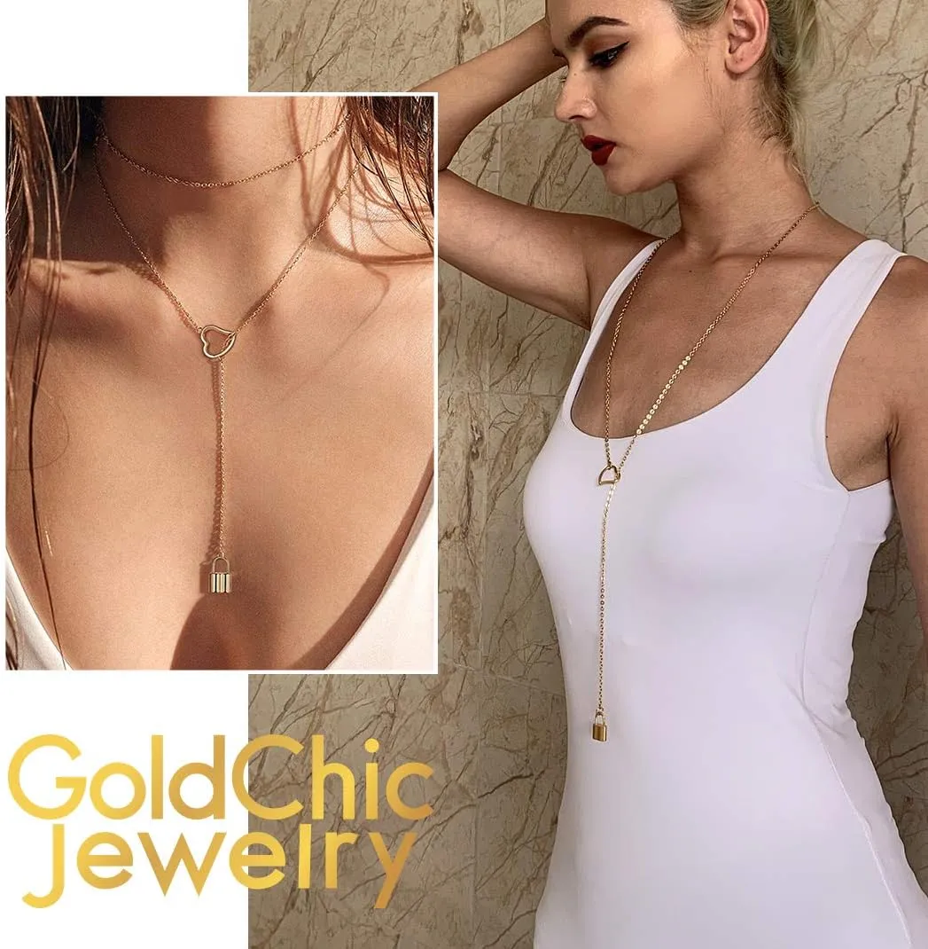GOLDCHIC JEWELRY Dainty Y Necklace For Women, Gold Layered Choker Lariat Necklaces, Looped Long Lariat Y Bar/Lock/Peal/Star/Rose Chain Personalized Minimalist Gifts for Women