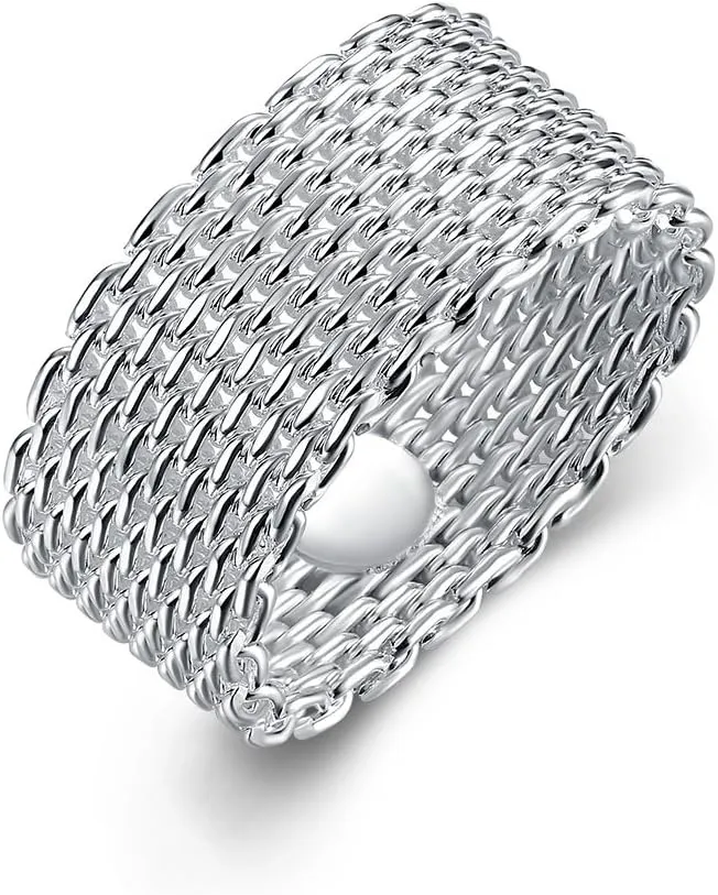 Goldenchen Fashion Beautiful Jewelry New 925 Sterling Silver Mesh Fine Ring Band