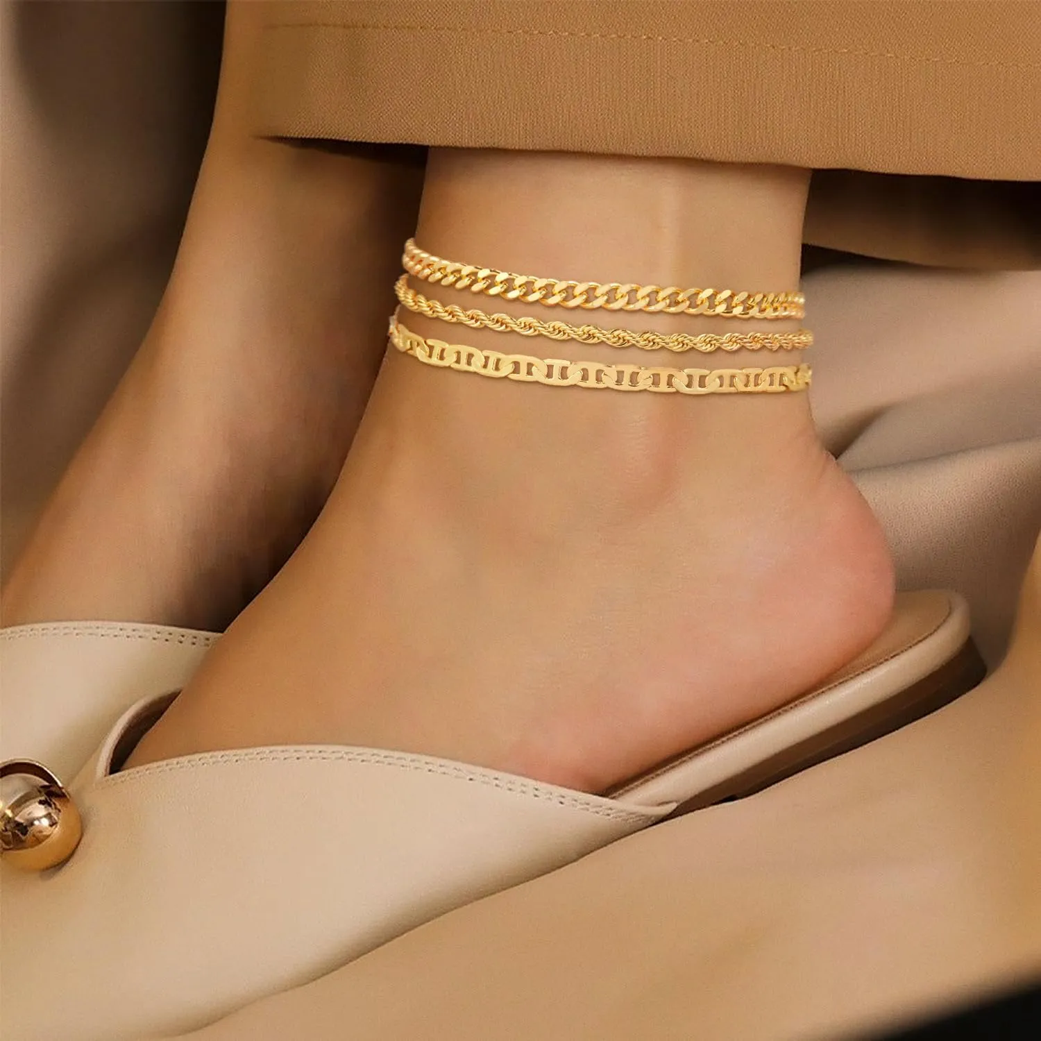 Gold/Silver Ankle Bracelets for Women,Waterproof Adjustable Size 3pc Heart Cuban Link Chain Anklets Set,Summer Beach Anklet Jewelry for Women Gift