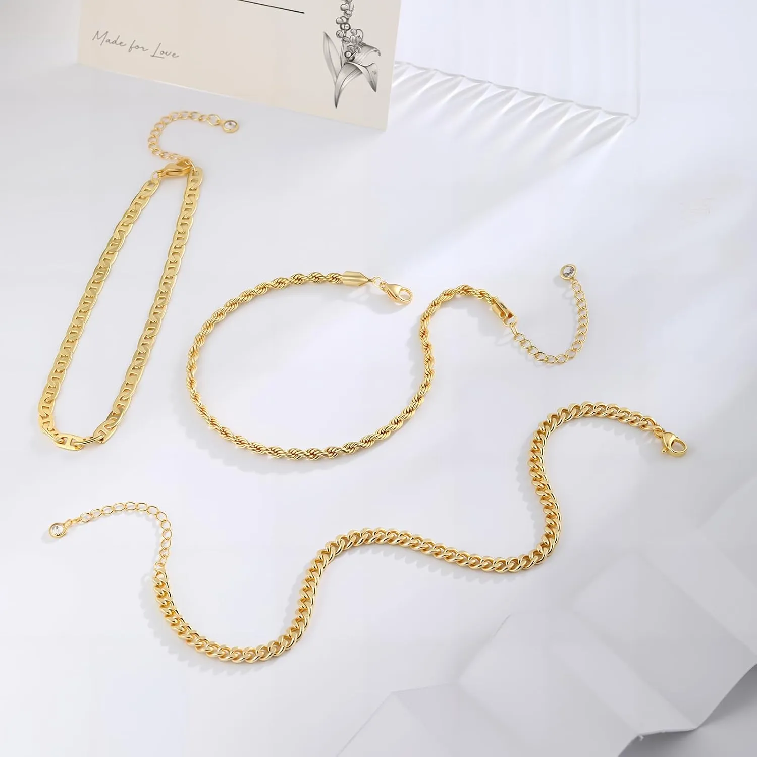 Gold/Silver Ankle Bracelets for Women,Waterproof Adjustable Size 3pc Heart Cuban Link Chain Anklets Set,Summer Beach Anklet Jewelry for Women Gift