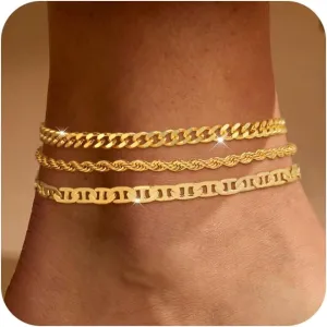 Gold/Silver Ankle Bracelets for Women,Waterproof Adjustable Size 3pc Heart Cuban Link Chain Anklets Set,Summer Beach Anklet Jewelry for Women Gift