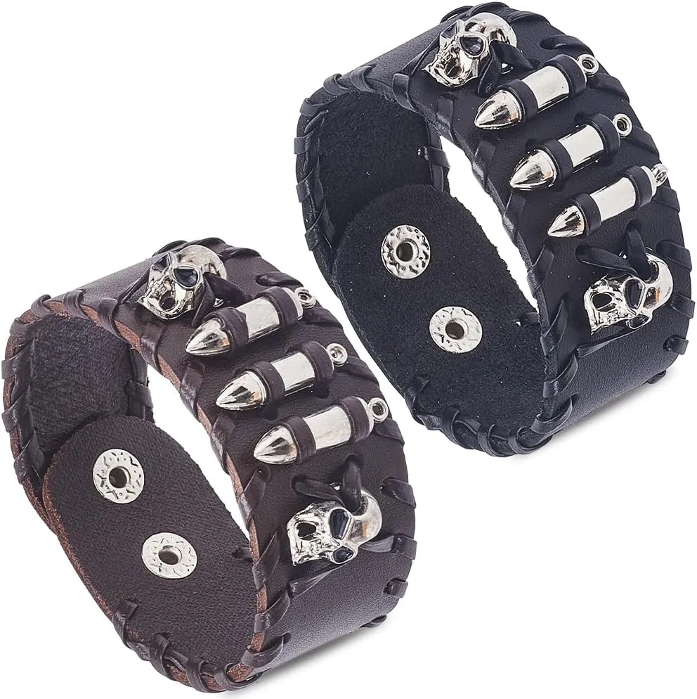 GORGECRAFT 2 Colors Men's Wide Cuff Wristband Genuine Leather Punk Bracelet Braided Bangle Wristbands Halloween Adjustable Boho Chic Rock Motorbike Wide Belt Leather Bracelet for Valentine's Day