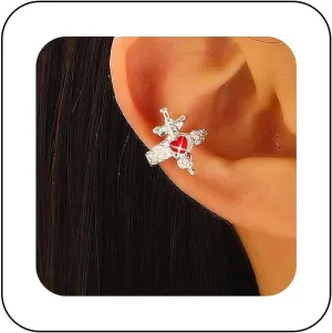 Gothic Cross Heart Ear Cuff Earrings Black Cross Cartilage Clip Earrings Vintage Ruby Heart Cross Clip On Earrings Punk No Piercing Earrings Jewelry for Women