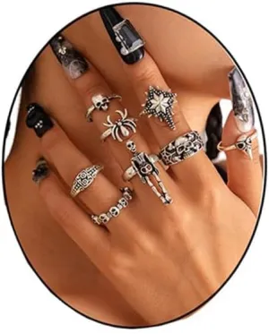 Gothic Silver Halloween Ring Set for Women Vintage Punk Skull Spider Bat Animal Stackable Finger Rings Set Halloween Party Costume Accessories Skeleton Spider Rings Set Jewelry for Women
