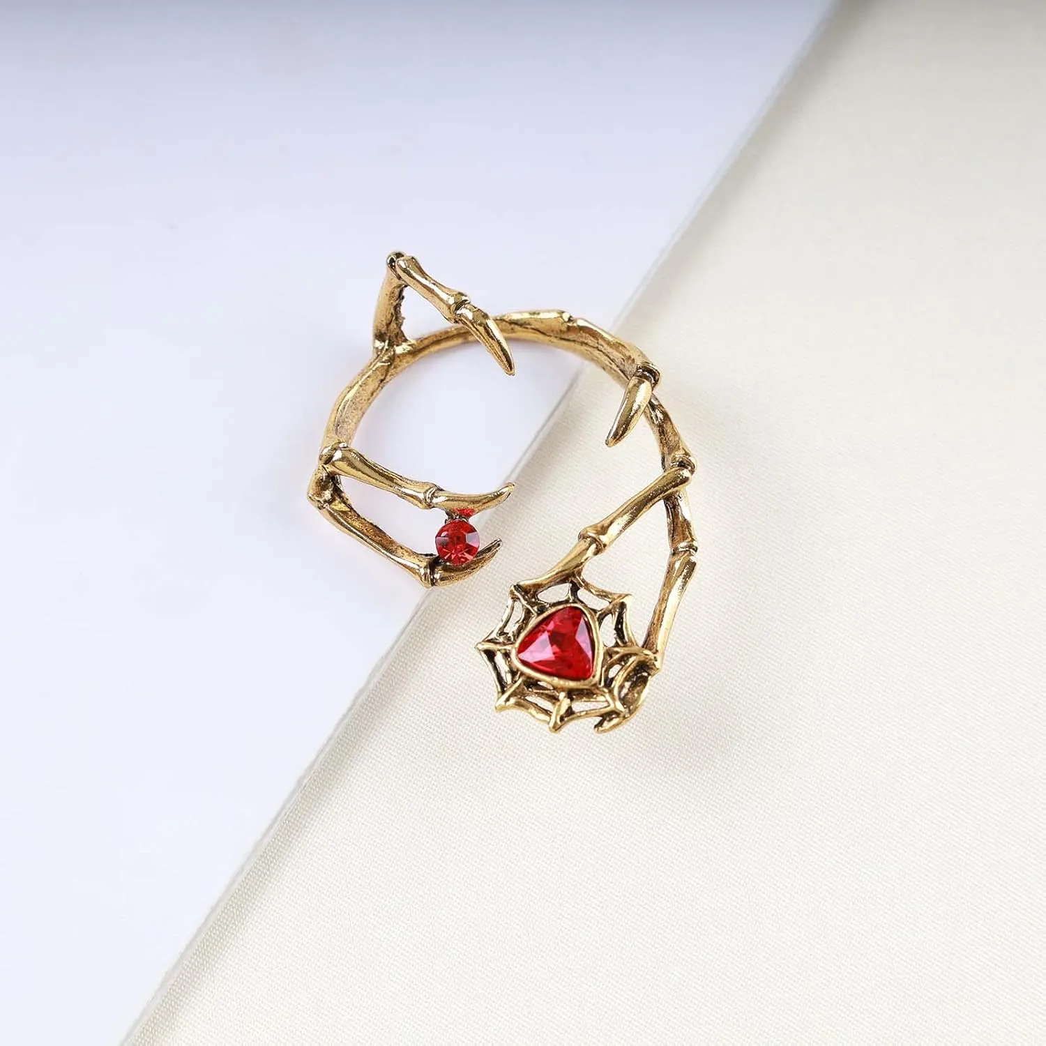 Gothic Spider Web Ear Wrap Crawler Punk Gold Ruby Rhinestone Cuff Skull Hand Climber Jewelry for Women