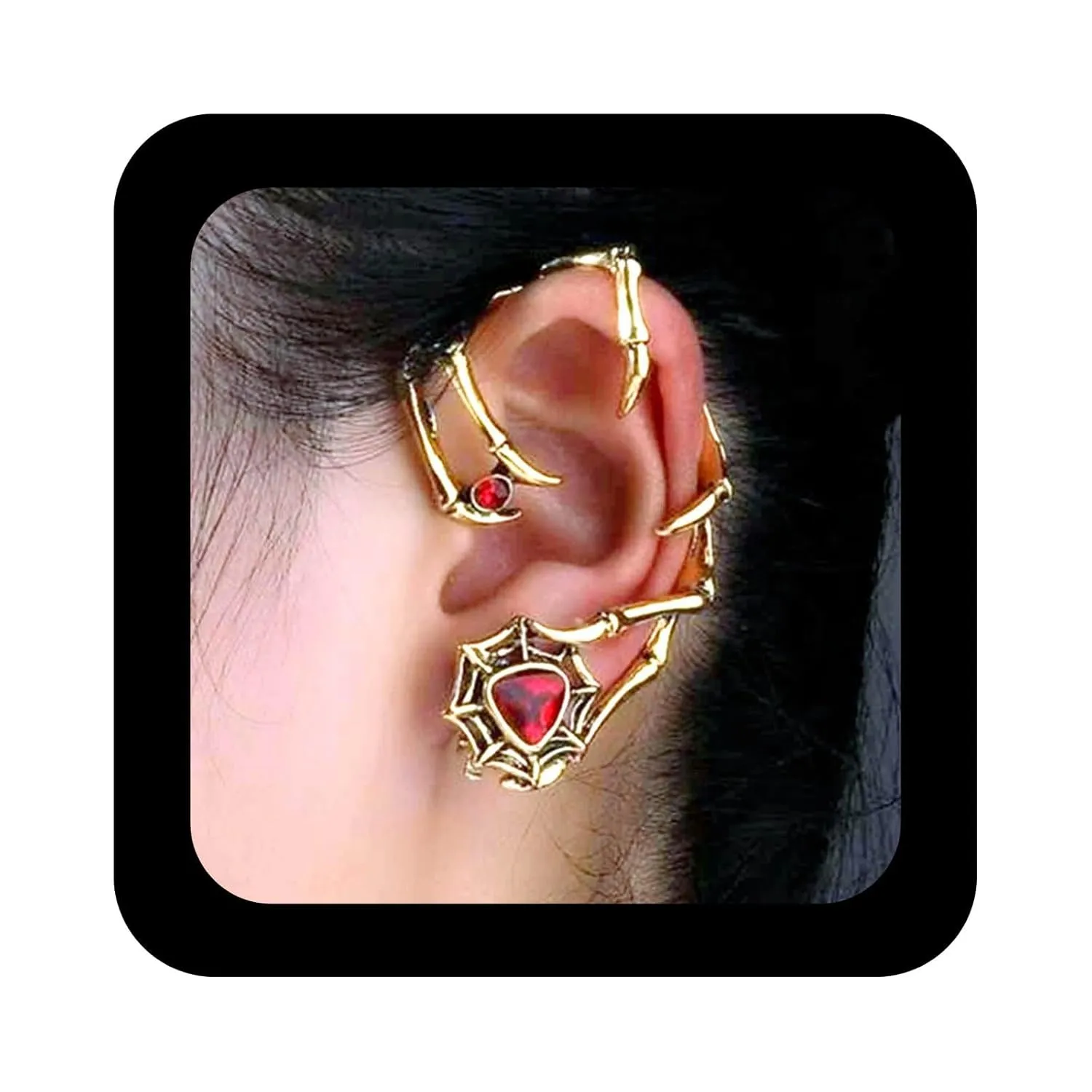Gothic Spider Web Ear Wrap Crawler Punk Gold Ruby Rhinestone Cuff Skull Hand Climber Jewelry for Women