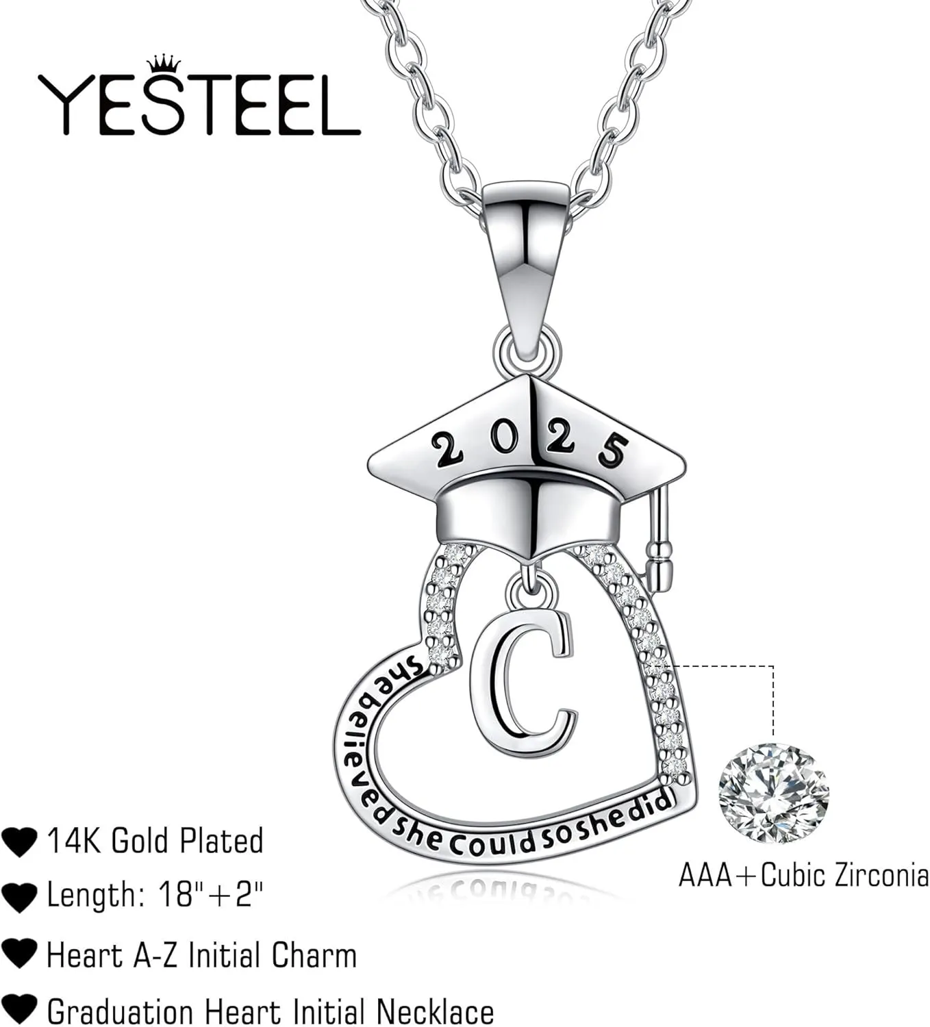 Graduation Gifts for Her, Class of 2025 High School College Graduation Gifts for Best Friends, 14K Gold Plated Cubic Zirconia Initial Heart Graduation Necklaces for Women Jewelry