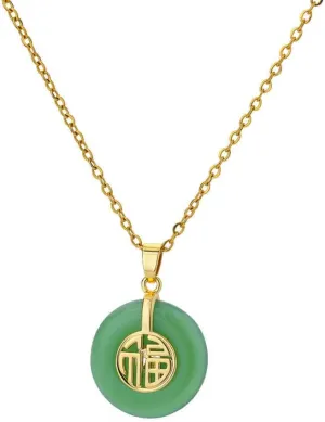 Green Good Luck Jade Necklace for Women Asian Chinese Lucky Pendant Necklace Gold Chain Artificial Jade Fu Good Fortune Blessing Jewelry for Birthday