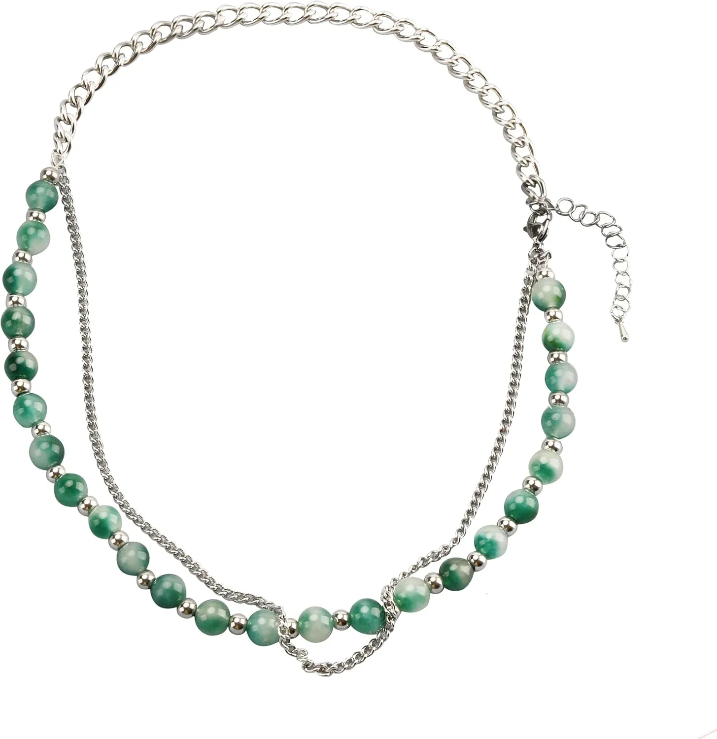 Green Stone Hip Hop Simulated Jade Choker Double Layered Bead Necklace for Men Women