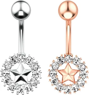 Gualiy 2 Pcs 14 Gauge Belly Button Rings Surgical Steel Star Circle with Cubic Zirconia Belly Button Rings