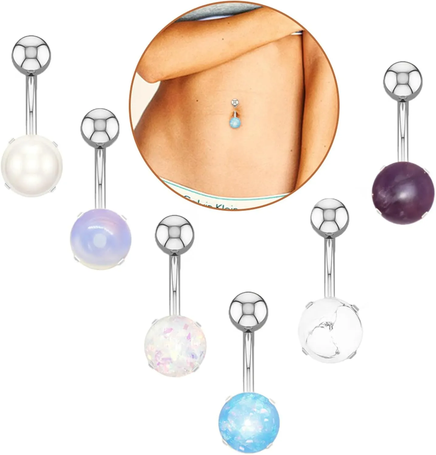 Gualiy 2 Pcs Navel Ring Surgical Stainless Steel Round Turquoise Body Piercing Jewelry For Women