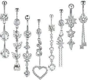 Gualiy 8 Pcs Surgical Steel Belly Button Rings 14G Heart Leaf Flower Infinity Round Cubic Zirconia Dangle Belly Rings Jewelry