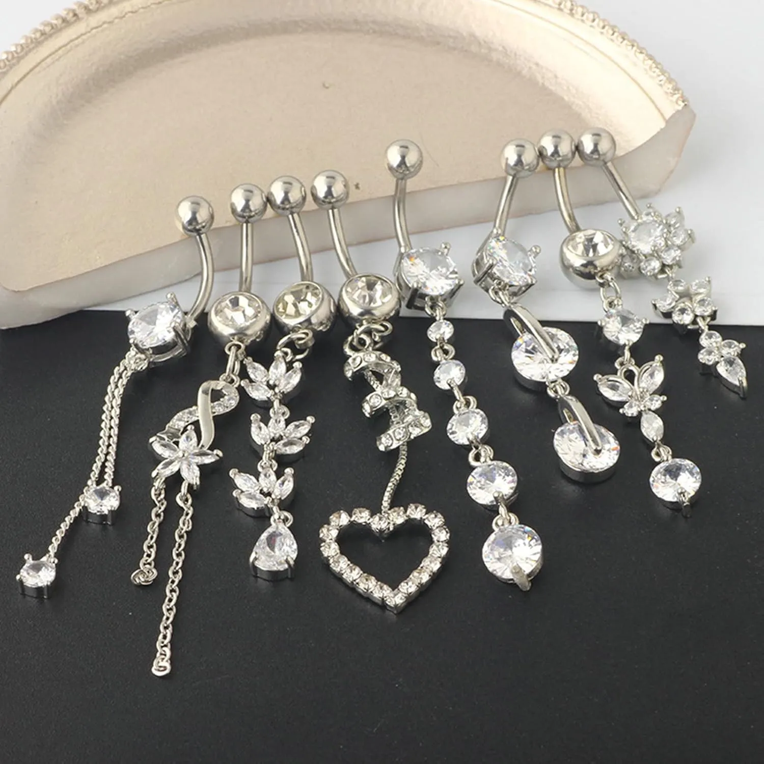 Gualiy 8 Pcs Surgical Steel Belly Button Rings 14G Heart Leaf Flower Infinity Round Cubic Zirconia Dangle Belly Rings Jewelry