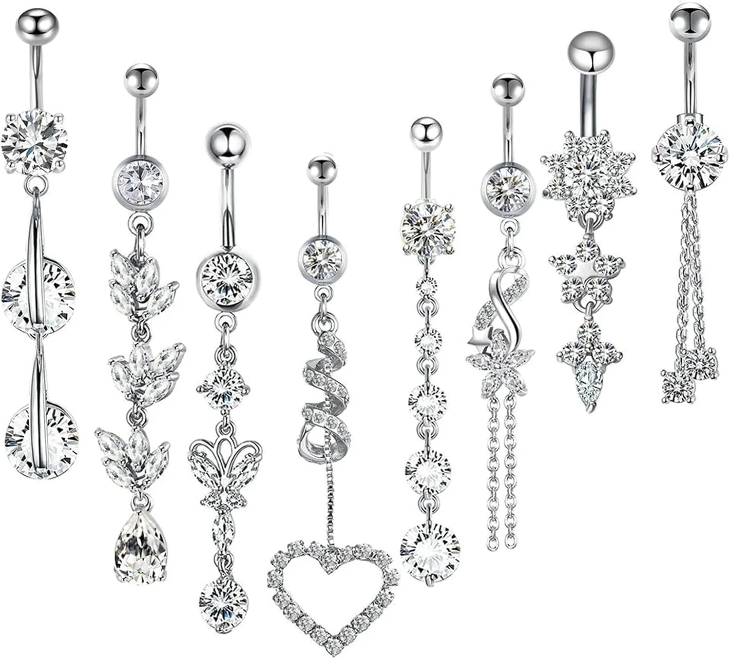 Gualiy 8 Pcs Surgical Steel Belly Button Rings 14G Heart Leaf Flower Infinity Round Cubic Zirconia Dangle Belly Rings Jewelry