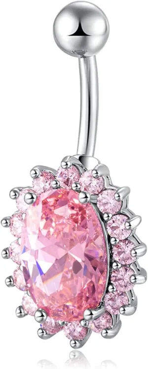 Gualiy Belly Button Rings For Women Stainless Steel Flower Oval Cubic Zirconia Belly Button Rings Jewelry