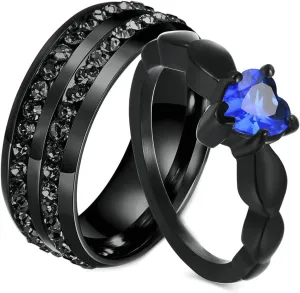 Gualiy Couples Stainless Steel Rings, Engraved Wedding Ring Sets Black Ring 8mm Heart Cubic Zirconia Rings Size 6-12