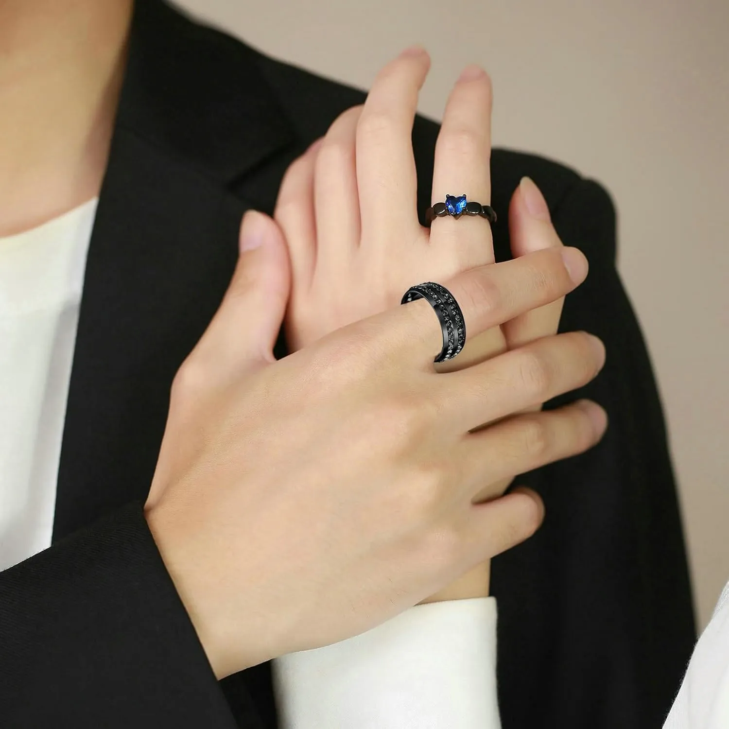Gualiy Couples Stainless Steel Rings, Engraved Wedding Ring Sets Black Ring 8mm Heart Cubic Zirconia Rings Size 6-12