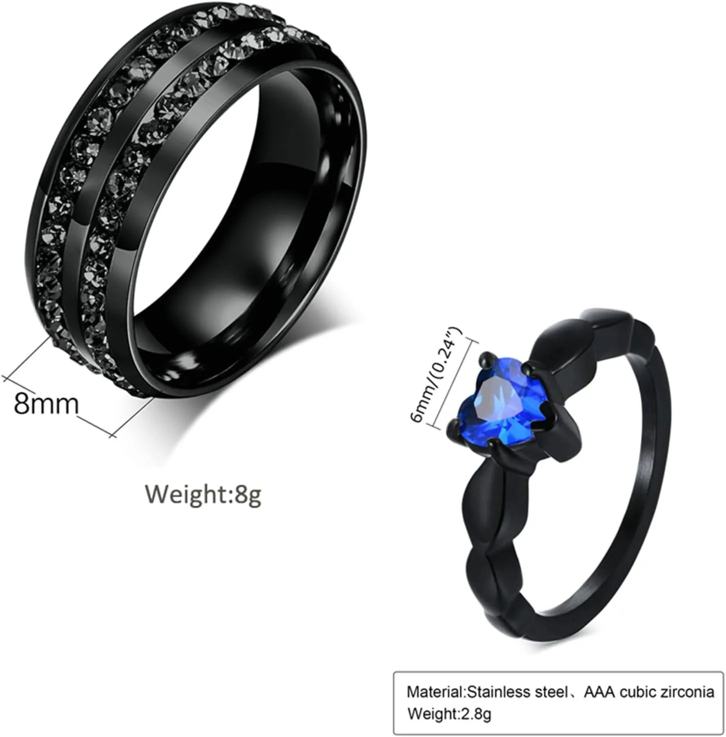 Gualiy Couples Stainless Steel Rings, Engraved Wedding Ring Sets Black Ring 8mm Heart Cubic Zirconia Rings Size 6-12