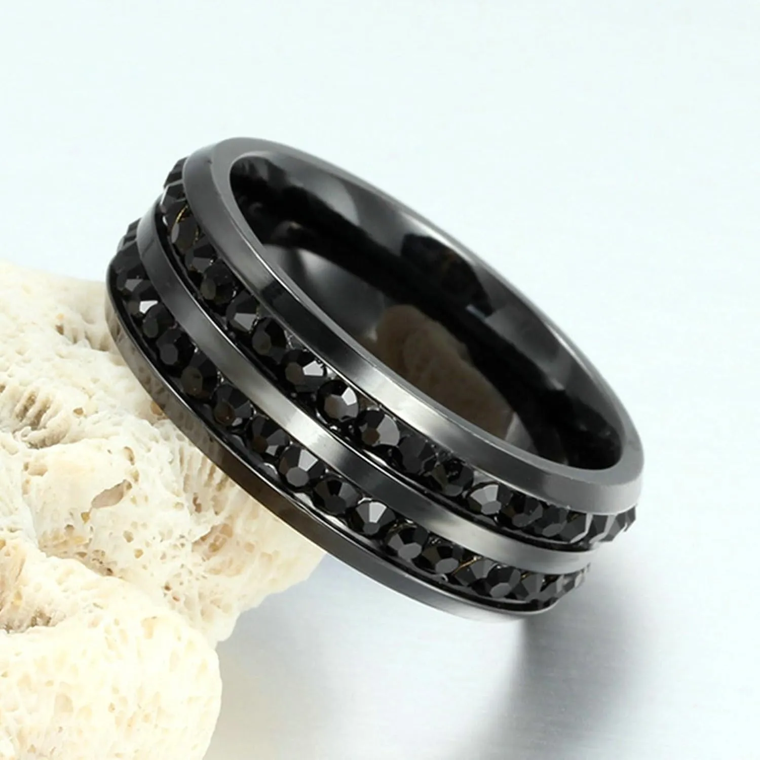 Gualiy Couples Stainless Steel Rings, Engraved Wedding Ring Sets Black Ring 8mm Heart Cubic Zirconia Rings Size 6-12
